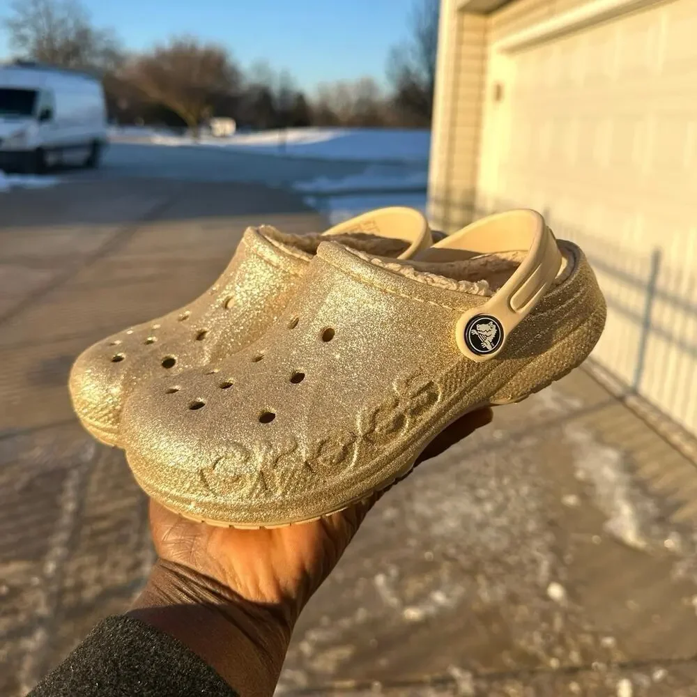 Crocs Little Kids Baya Lined Fuzzy Glitter Clogs Girls Size J 1 Gold‎